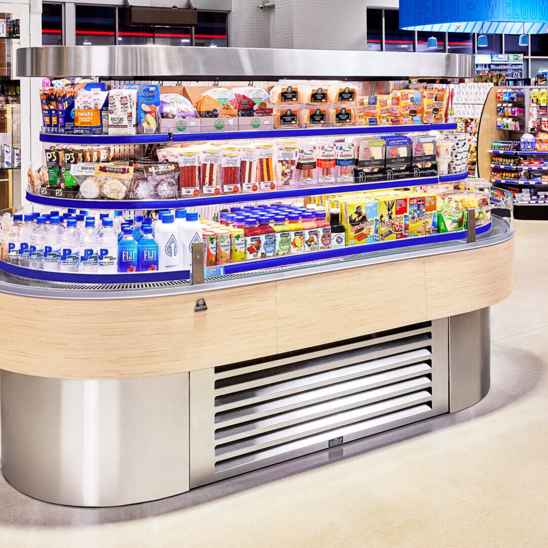 A refrigerated display case in a store.