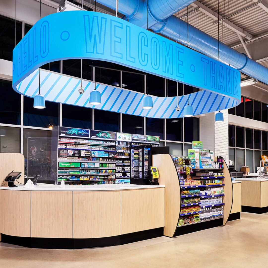 A store with blue ceiling and blue walls.