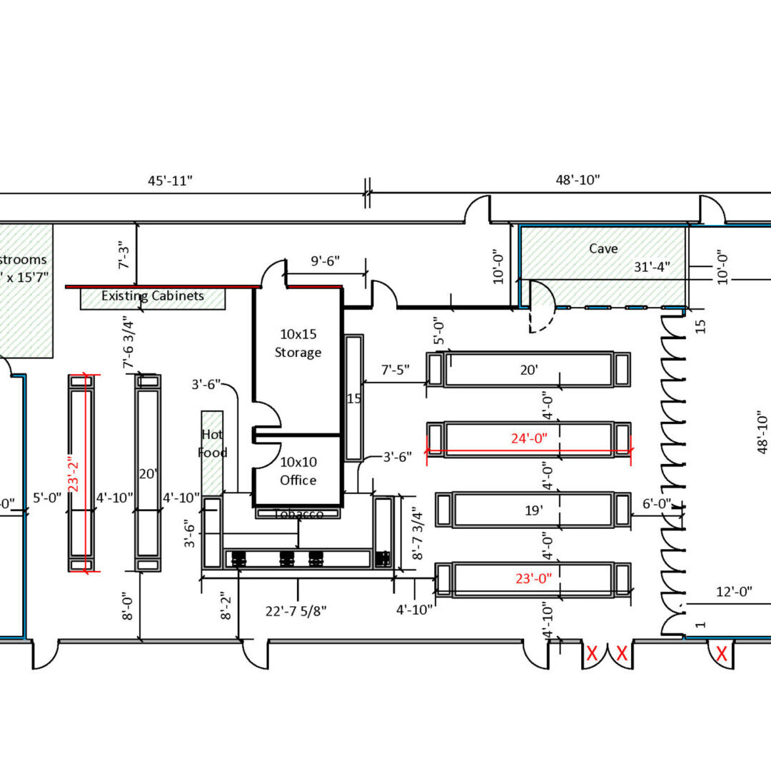 A floor plan of the building with many different sizes.